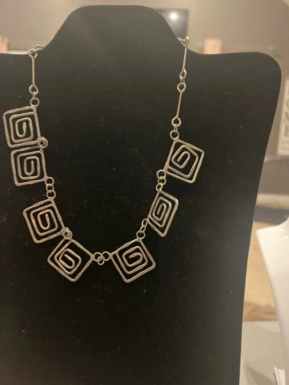 Boho Chunky Bib Necklace – Antique Silver Rectangle Spiral Design